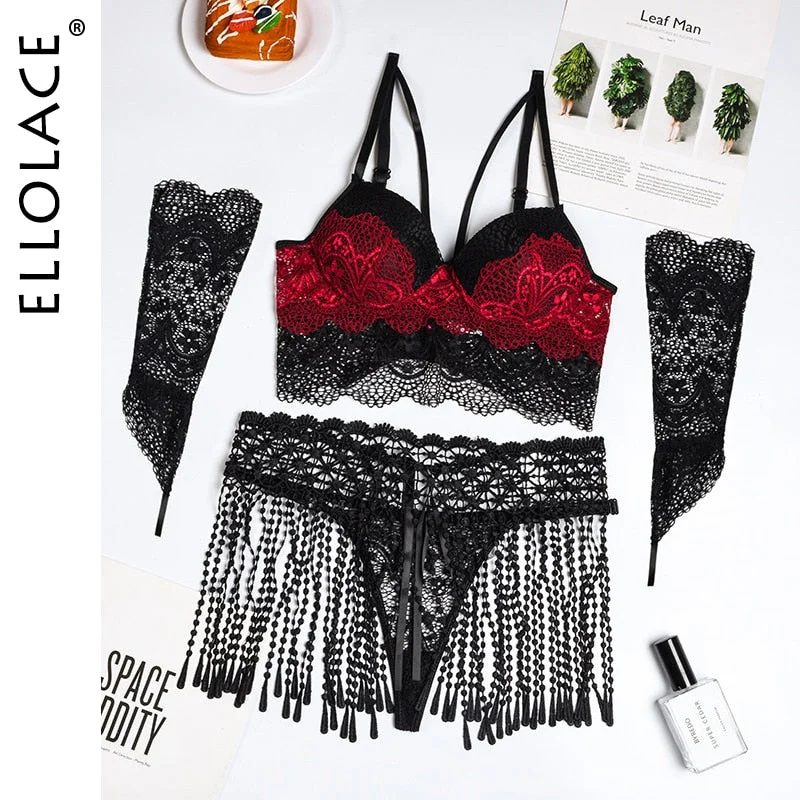 Ellolace Tassels Sensual Lingerie Sexy Padded Women's Underwear 4-Piece Thongs Garters Intimate Burgundy Exotic Lace Bra Set