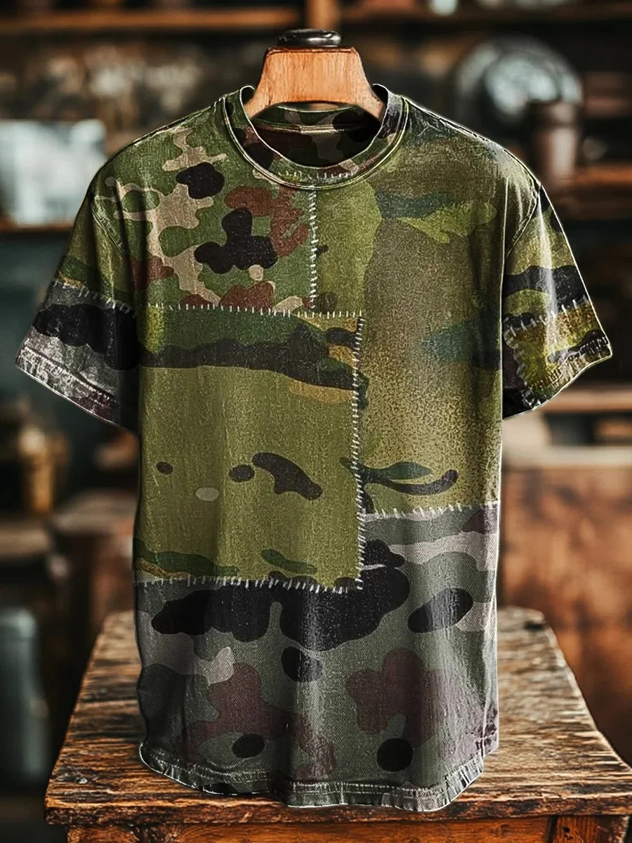 Eagerlys Unisex Retro Camouflage Splicing Art Print T-shirt Eagerlys
