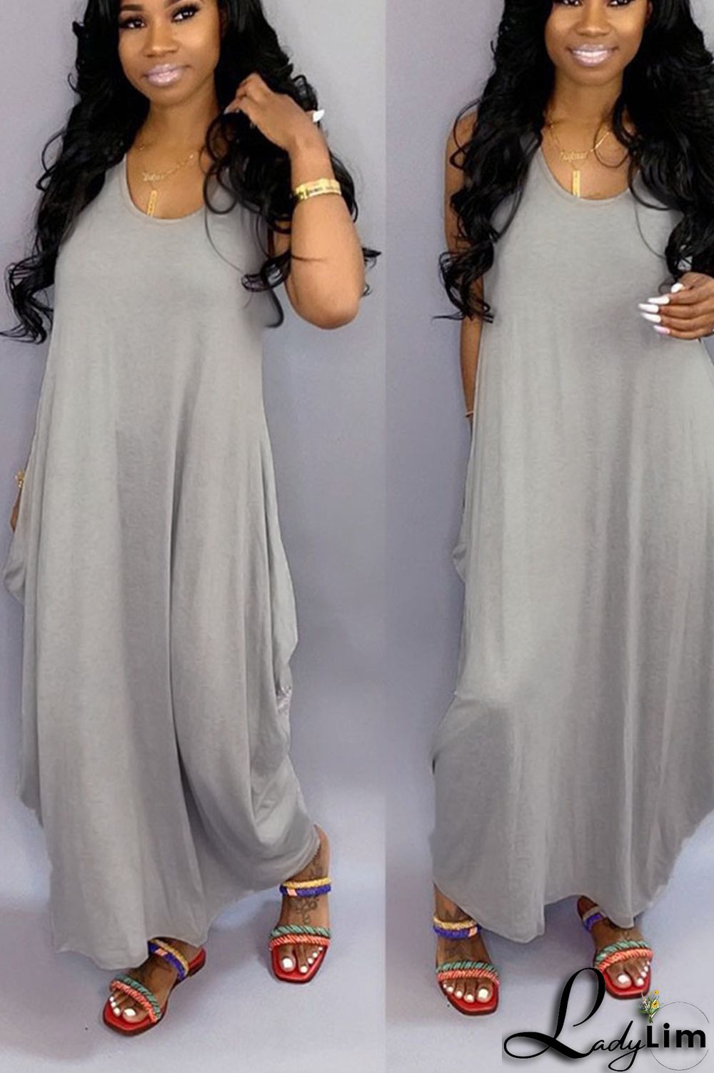 Yellow Casual Solid Patchwork U Neck Long Dress Dresses