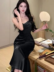 Ejimei Sexy Bodycon Satin Dress Women New Summer Spaghetti Strap Swinging Collar Mermaid Solid Evening Party Dresses Prom Robe Vestido