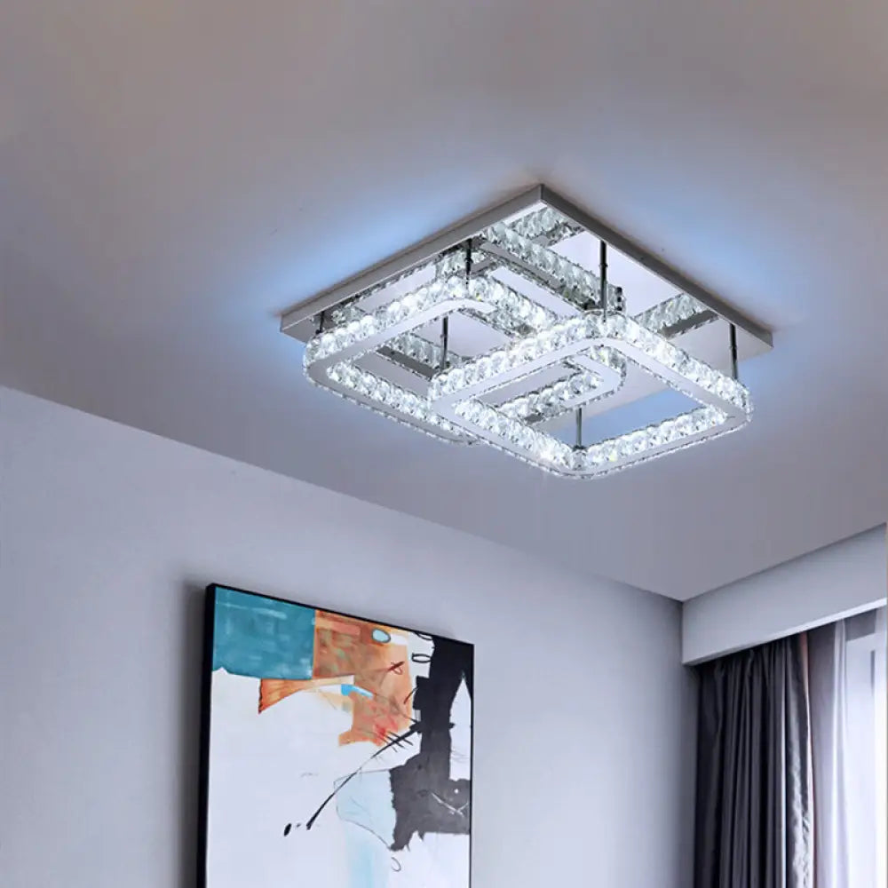 Modern Crystal Led Ceiling Light In Warm/White - Square Cut Design 19.5&rsquo;/23.5&rsquo; Width Chrome