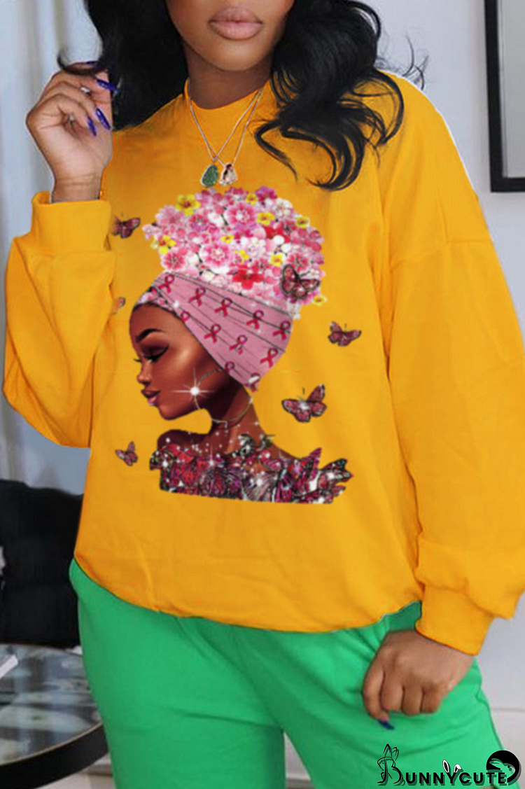 Yellow Fashion Vintage Butterfly Print Patchwork O Neck Tops