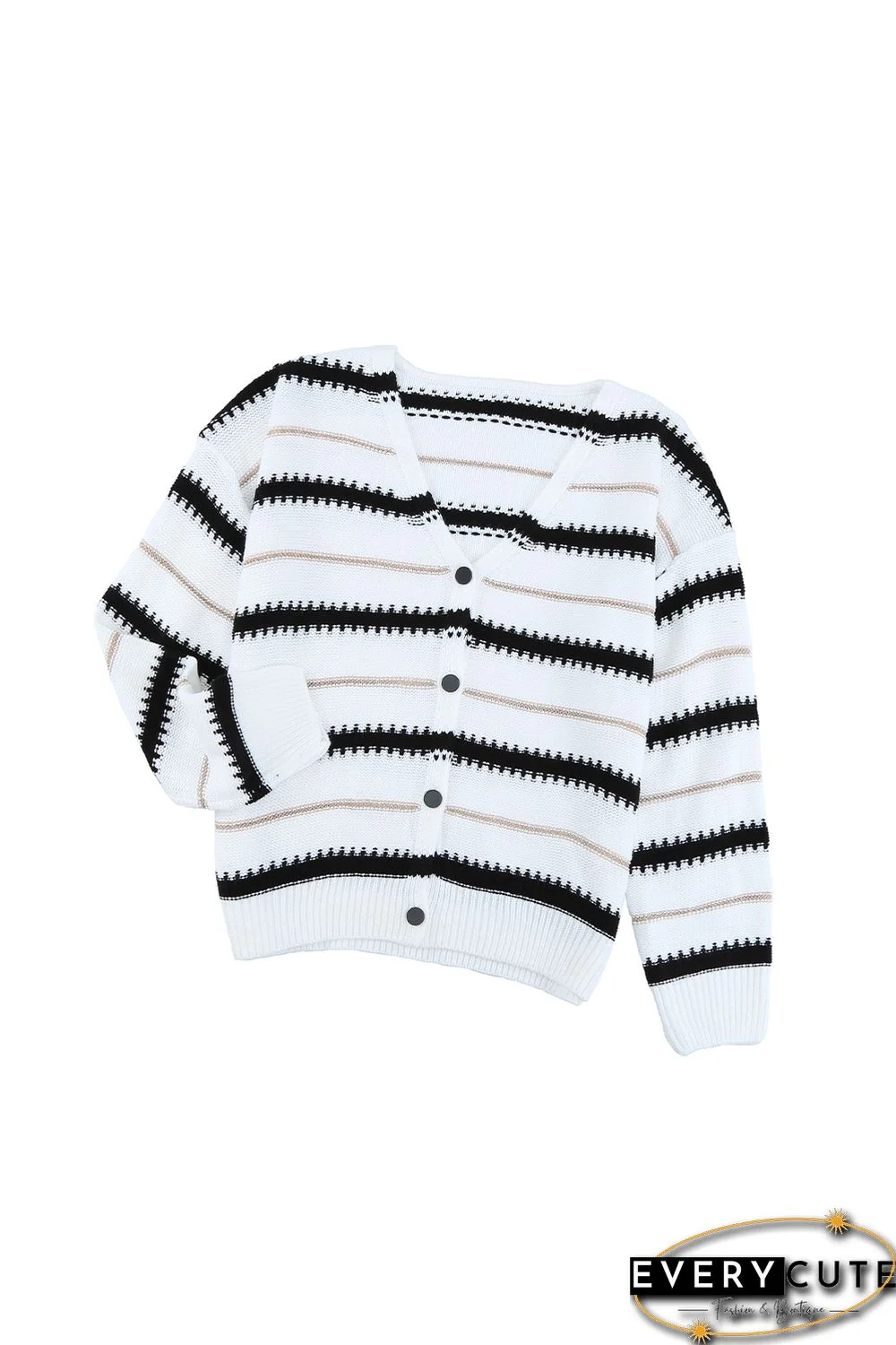 White V Neck Stripes Colorblock Button Cardigan