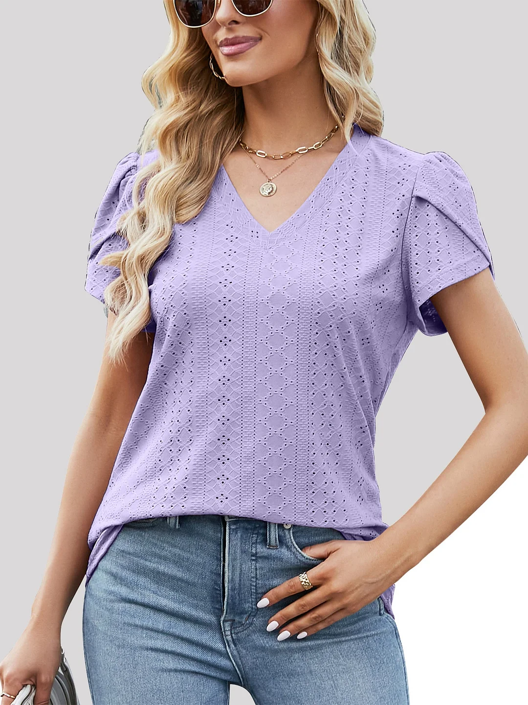 Women's Short Sleeve V-neck Hollow Tops