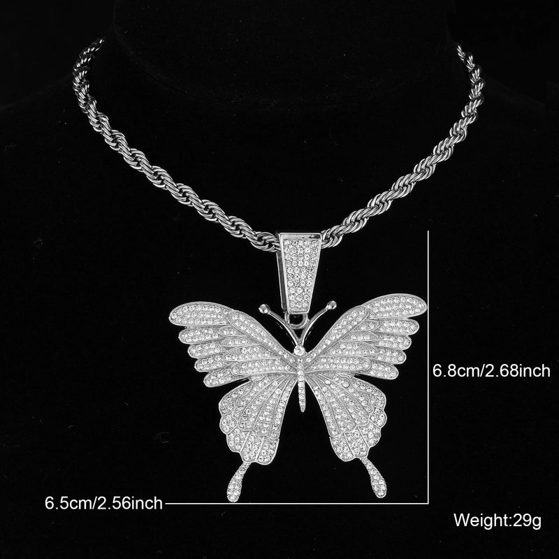 Hip-hop Butterfly Stainless Steel Alloy Inlay Rhinestones Women’s Pendant Necklace