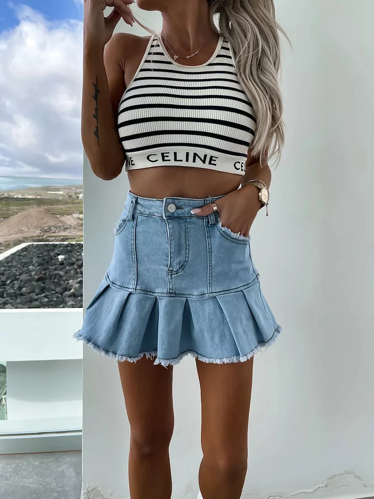 Women's Ruffle Denim Mini Skirt High Waist Ruffle Skirt