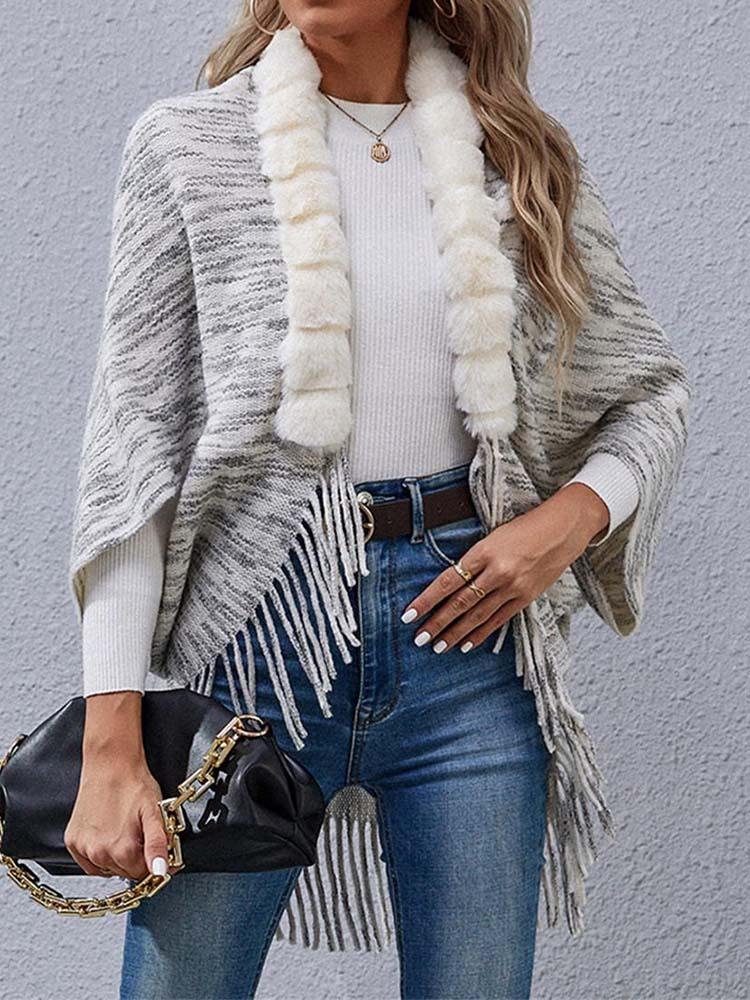 Women's Fur Collar Faux Fur Stitching Sweater Jacket Tassel Shawl