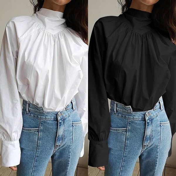 Women Long Sleeved Blouse Spring Autumn Stand Collar Bowknot Casual Loose Shirt Plus Size Tops - BlackFridayBuys