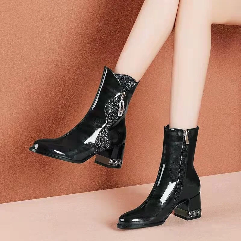 Qengg Autumn/winter New Style Thick Heel High Heel Patent Leather Fashion Boots Mid-length Boots Sequined Rhinestone Women Boots