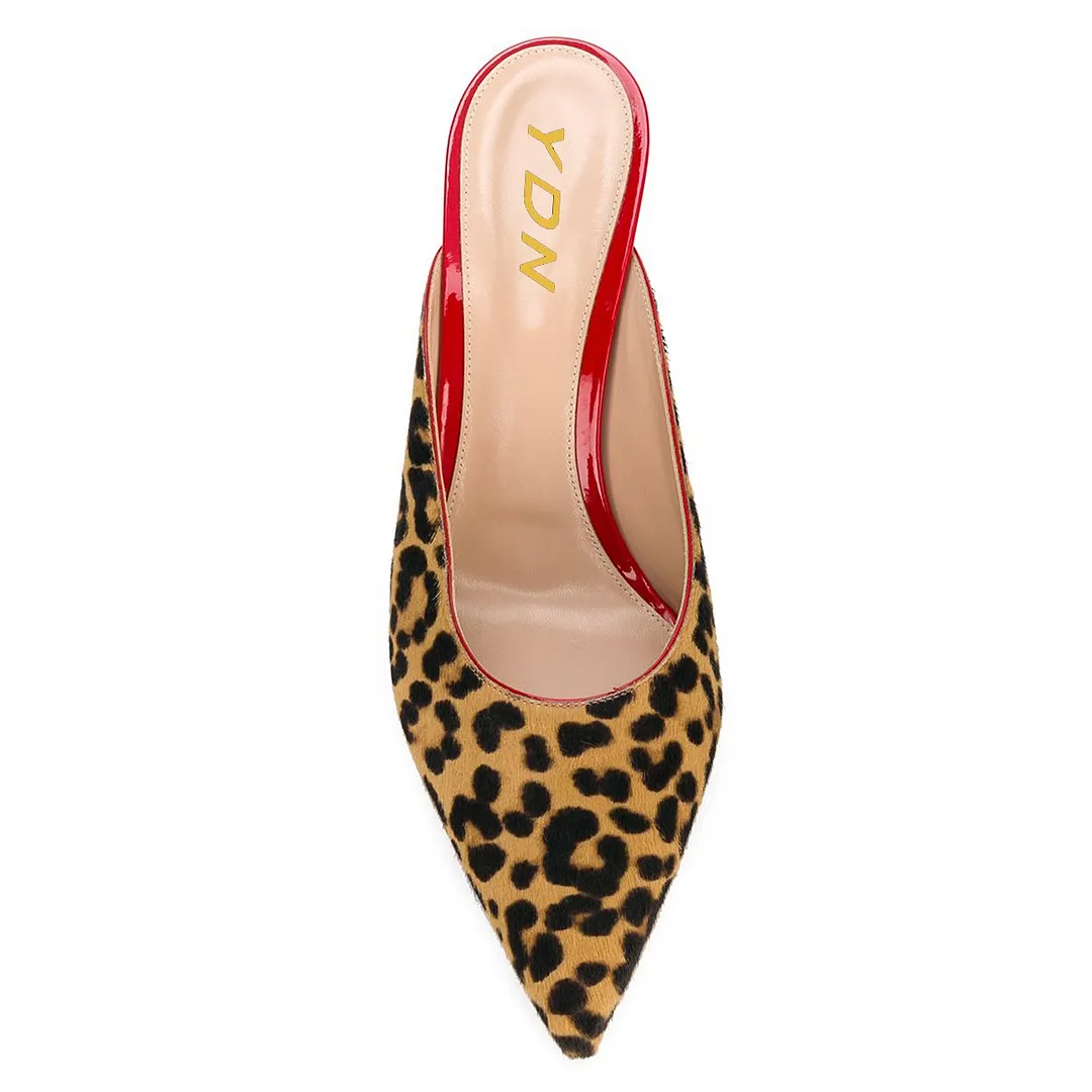 Vegan Suede Leopard Print Pointed Toe Mules Shoes with Stiletto Heels