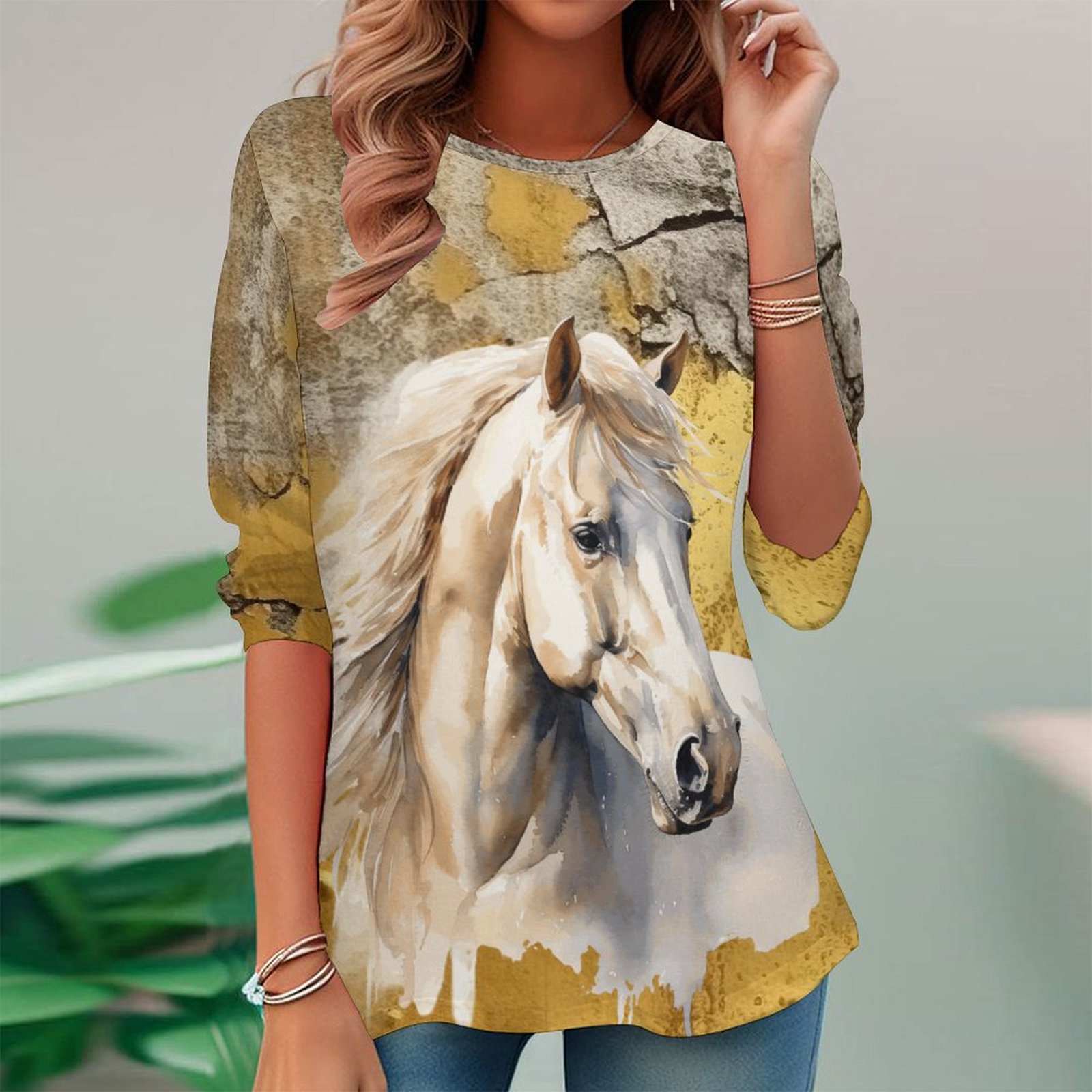 Women Long Sleeve V-neck Graphic Floral Printed Top