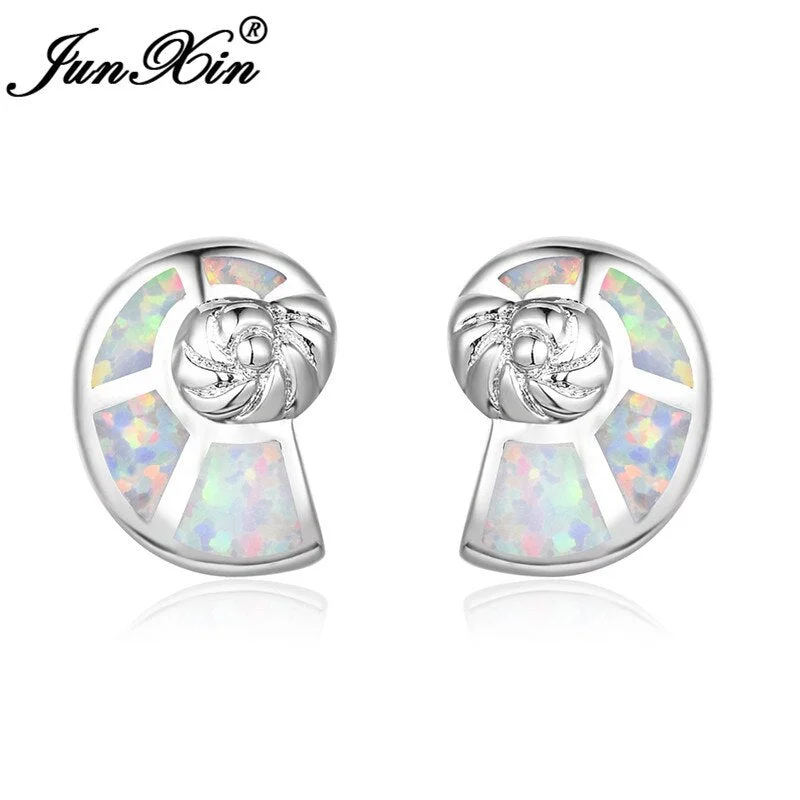 Boho Female Small Conch Animal Stud Earrings Fashion Silver Color White Fire Opal Earrings Vintage Earrings For Women