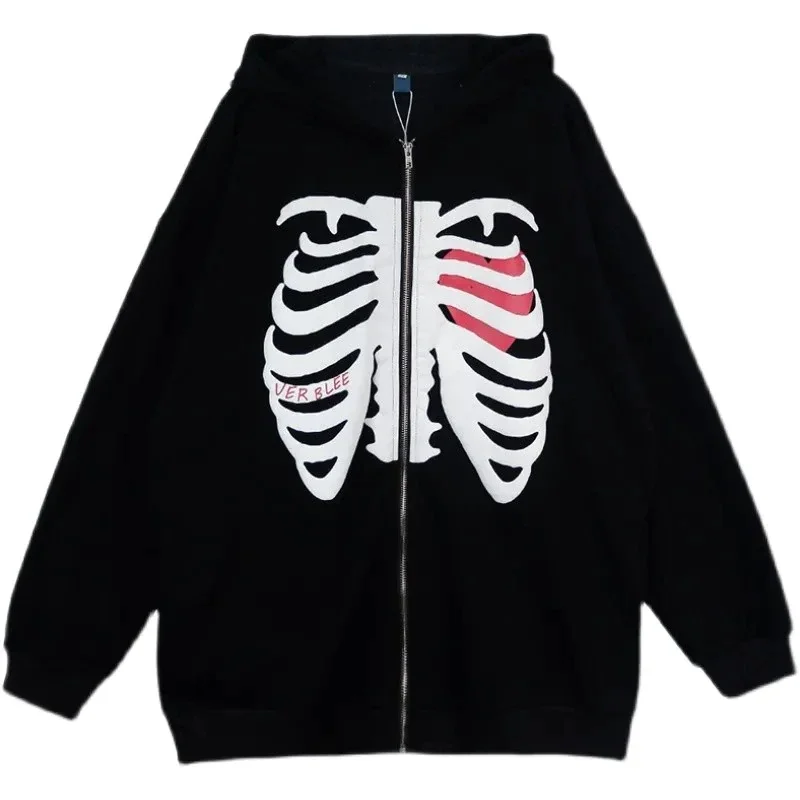Billionm Y2K Harajuku Korean Style Loose Skeleton Zip-Up Hoodie Grunge Long Sleeve Gothic Hooded Jacket Retro Coat Oversized Sweatshirt