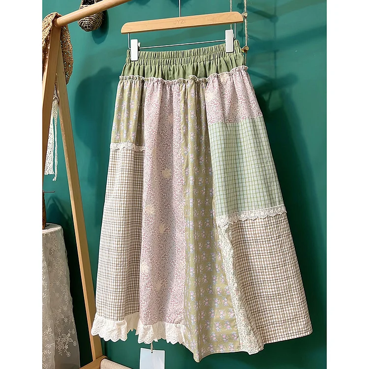 Queenfunky cottagecore style Farmcore Patchwork Skirt QueenFunky