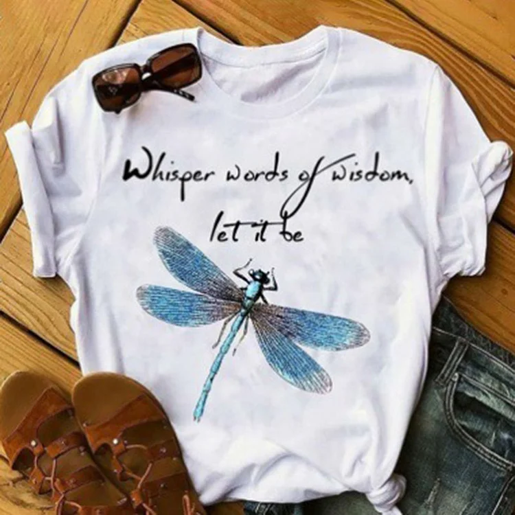 Casual Dragonfly Letter Print Short Sleeve T-Shirt
