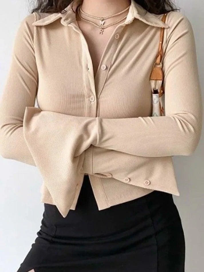 Brownm vintage polo collar long sleeve rib blouse