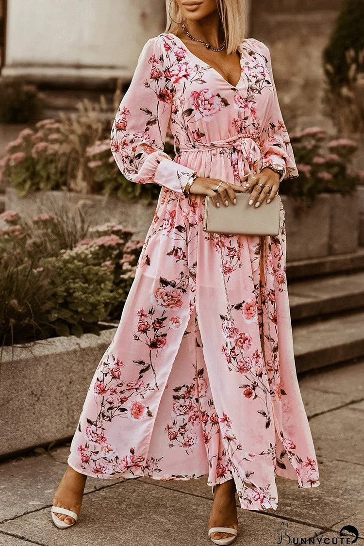 Floral Tie Belt Bishop Sleeve Slit Maxi Dress