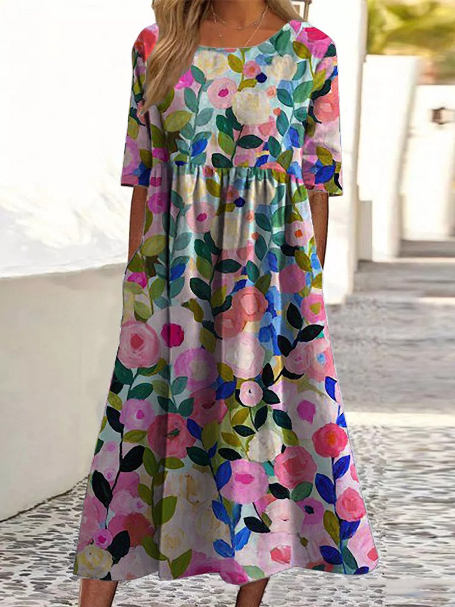 Colorful Spring Floral Garden Printed Women's Pocket Cotton Dress