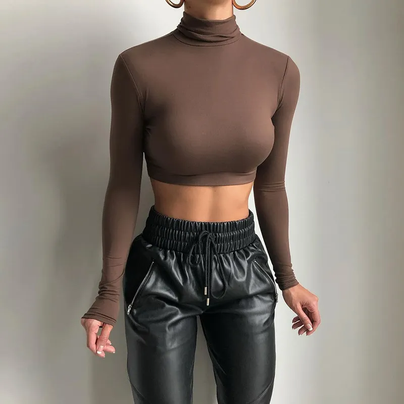 Churchf Churchf 2024 Fall / Winter Women's New Long Sleeve High Collar Solid Color Short Crop Sexy Slim Fashion T-Shirt Women
