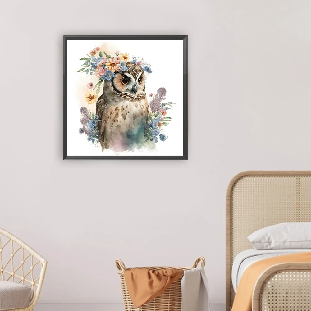 Full Round Diamond Painting 30*30cm - Owl And Flowers