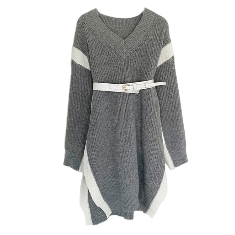 Chic V-neck Slit Knit Dress With Belt - Modakawa Modakawa