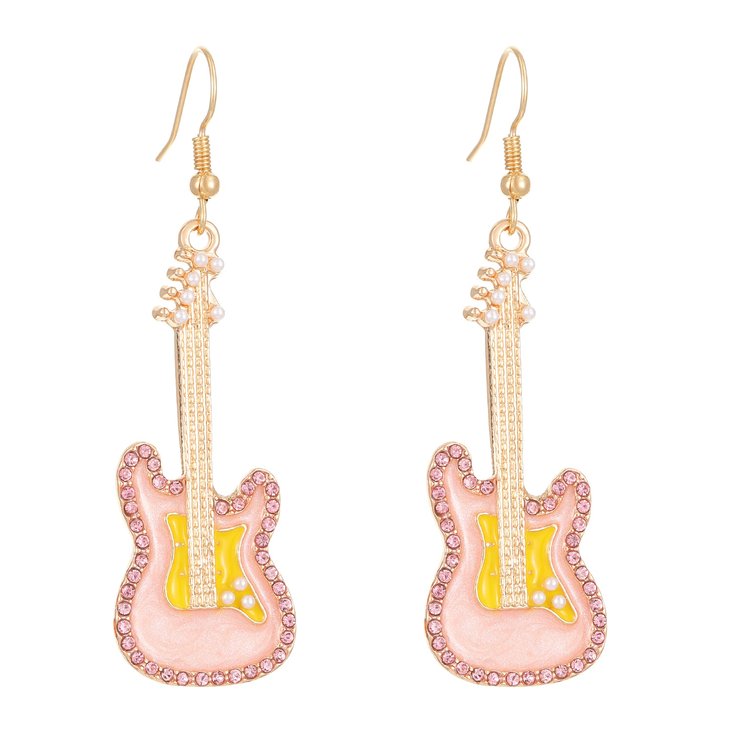 Oil Drip Zirconia Guitar Gold Plated Earrings