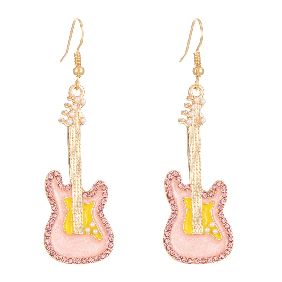 Oil Drip Zirconia Guitar Gold Plated Earrings