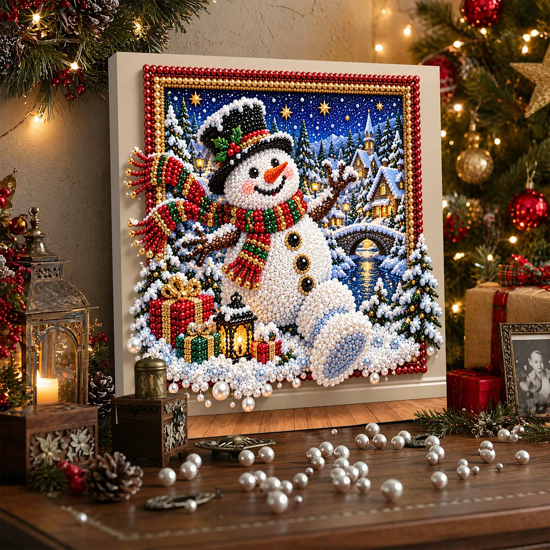Framed Pearl Painting Kit Snowman Scene for Adults 30x30cm