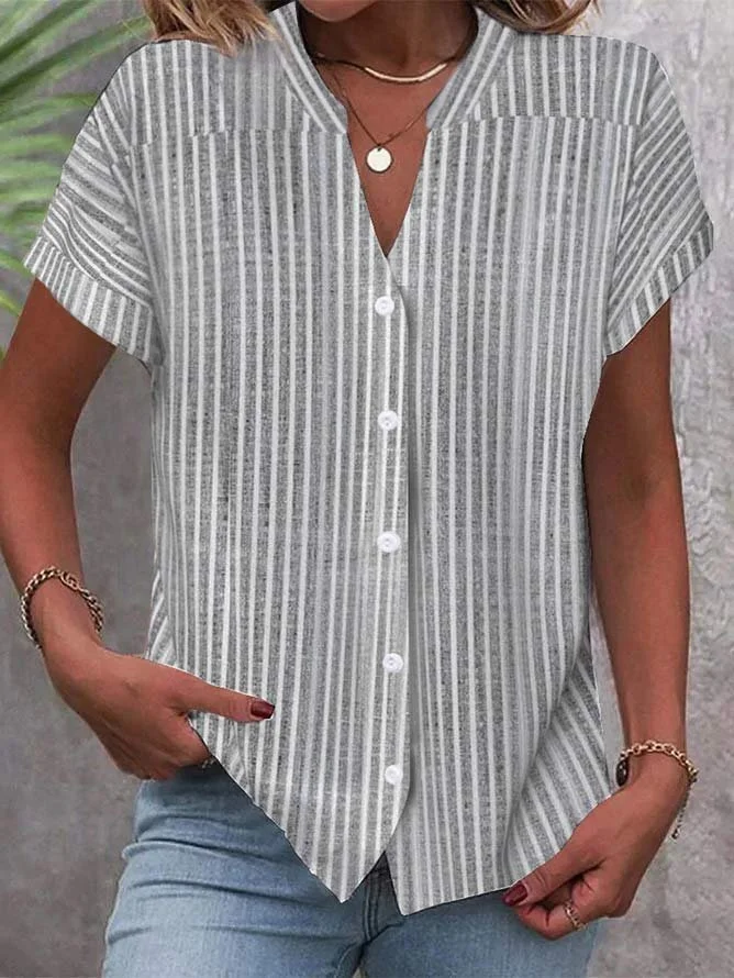 Stand Collar Striped Loose Casual Blouse.