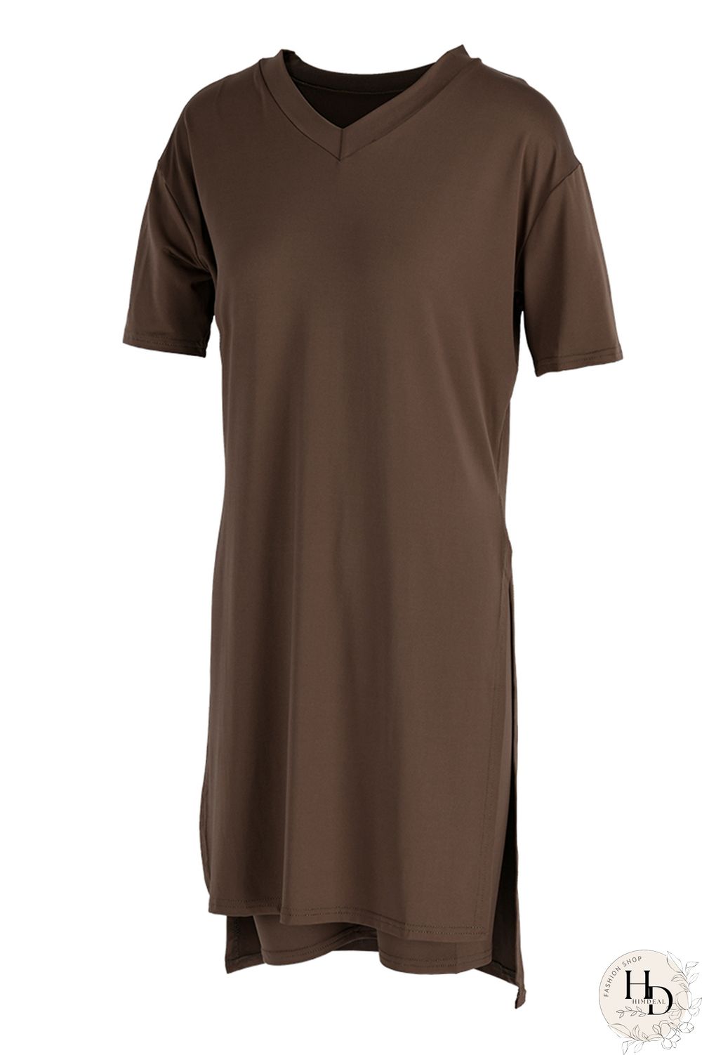 Coffee Fashion Casual Solid Slit V Neck Short Sleeve Two Pieces
