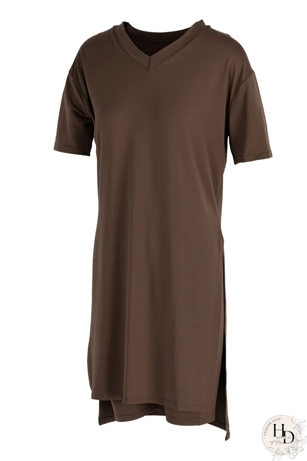 Coffee Fashion Casual Solid Slit V Neck Short Sleeve Two Pieces