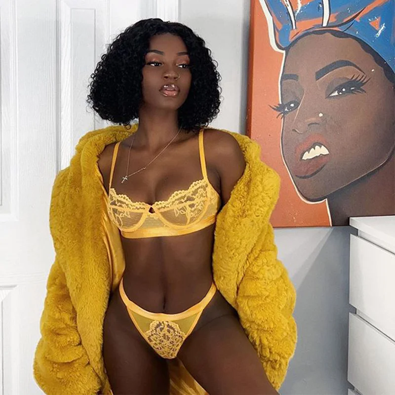 Billionm Sensual Women Sexy Underwear Set See Through Lace Floral Lingerie Transparent Pink Bra Briefs Femme Lenceria Bralette Underpants