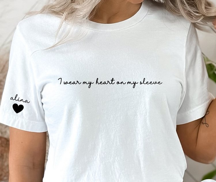 I Wear My Heart On My Sleeve Crewneck or Hoodie, Custom Mama Sweatshirt with Children Name on Sleeve, Mothers Day, Gift for Mom, New Mommy