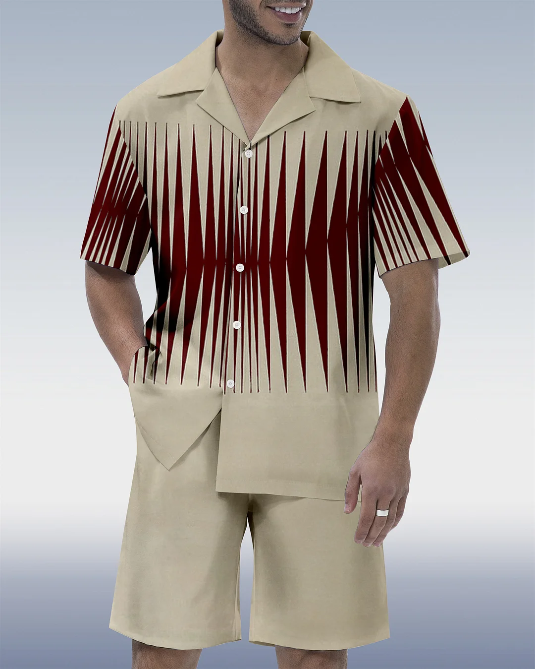 Men's Colorblock Geometric Hawaiian Cuban Collar Short Sleeve Shirt Set 163