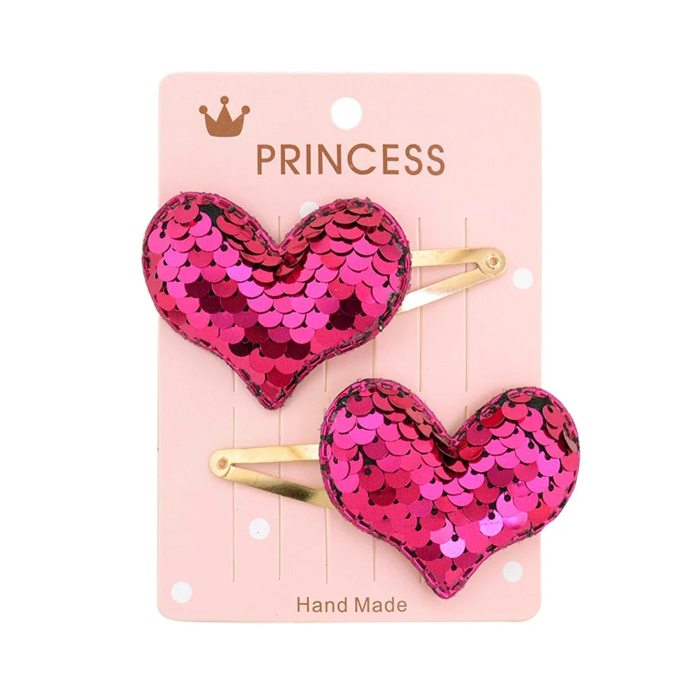 2Pcs/set Sequins Cartoon Love Heart Crown Hair Clips for Girls Handmade Boutique Hairpins Baby Clips Kids Hair Accessories 035