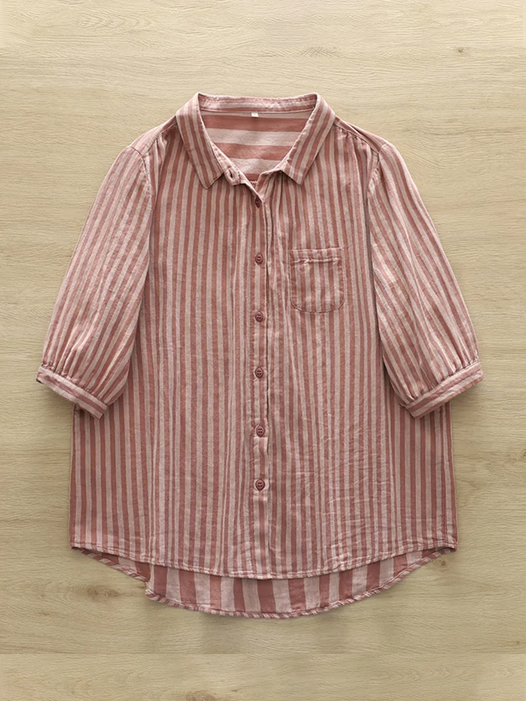 Women's Vintage Striped Linen Blend Casual Shirt