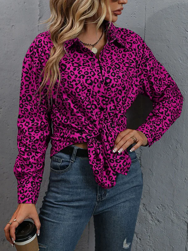 Long Sleeves Roomy Leopard Lapel Shirts Tops