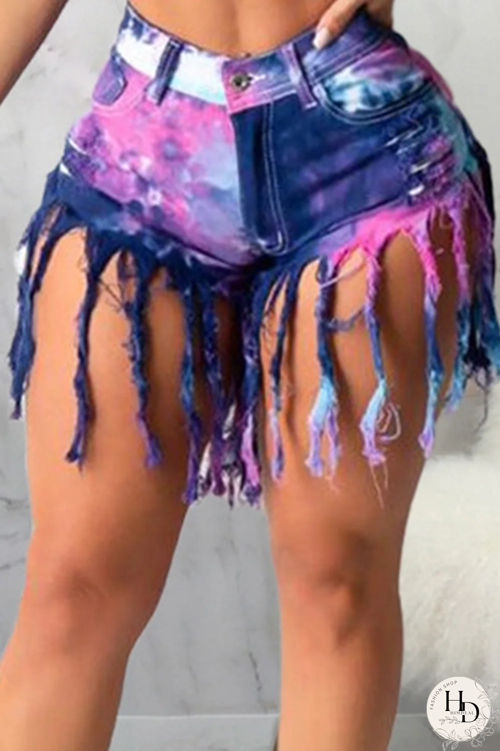Red Sexy Patchwork Tassel Tie-dye High Waist Regular Denim Shorts