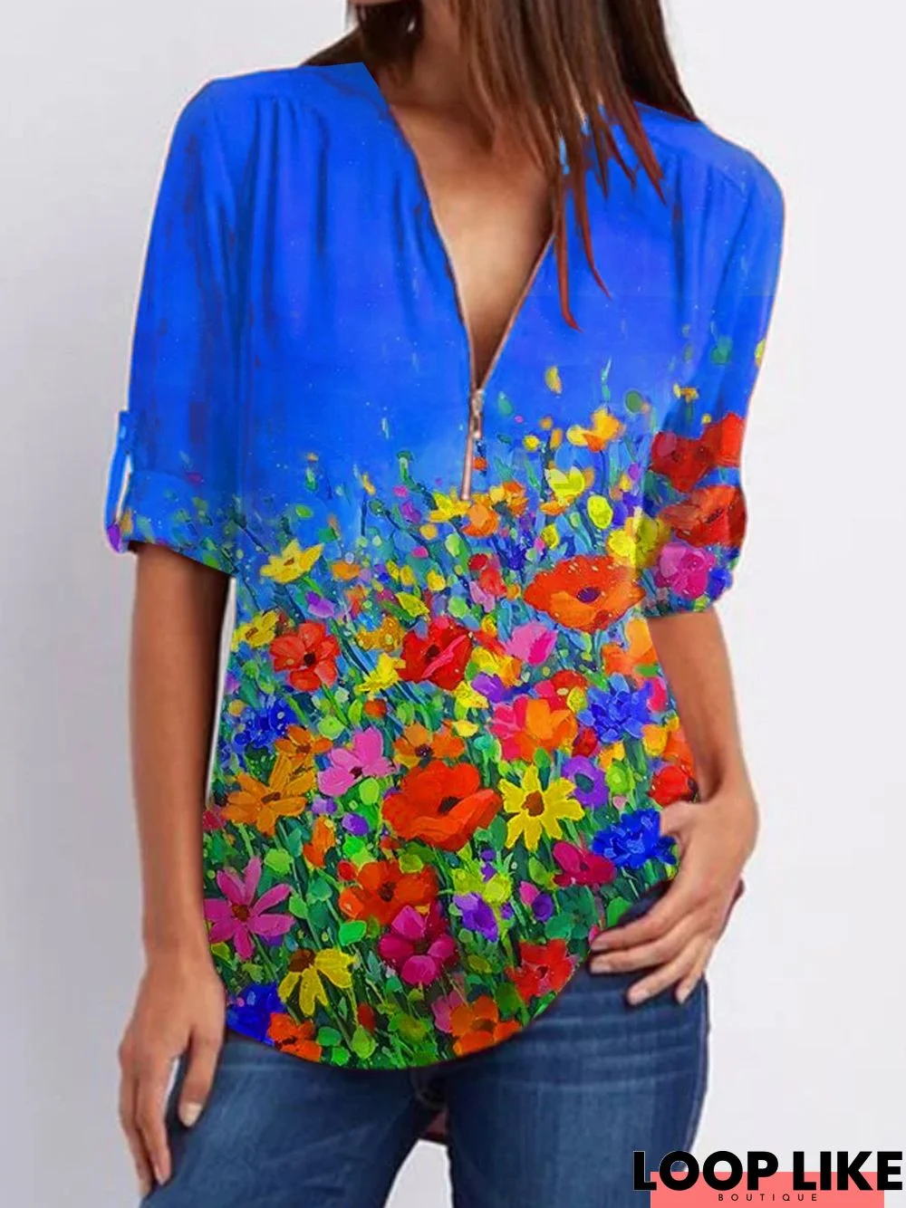 Floral  Short Sleeve  Printed  Polyester  V neck Casual  Summer  Blue Shirt