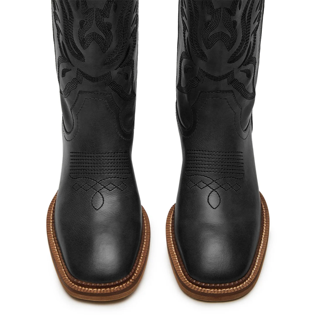 Black Vegan Leather Sophisticated Square Toe Embroidered Pull-On Boots