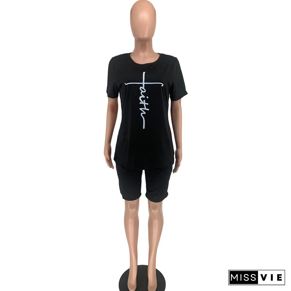 Letter Short Sleeve T Shirts and Shorts 2 Piece Outfits