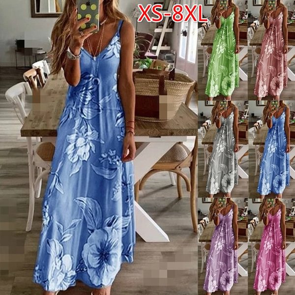 XS-8XL Plus Size Dresses Summer Fashion Clothes Womens Deep V-neck Sleeveless Maxi Dresses Ladies Casual Spaghetti Strap Loose Beach Wear Floral Printed Halter Party Dress - Shop Trendy Women's Clothing | LoverChic