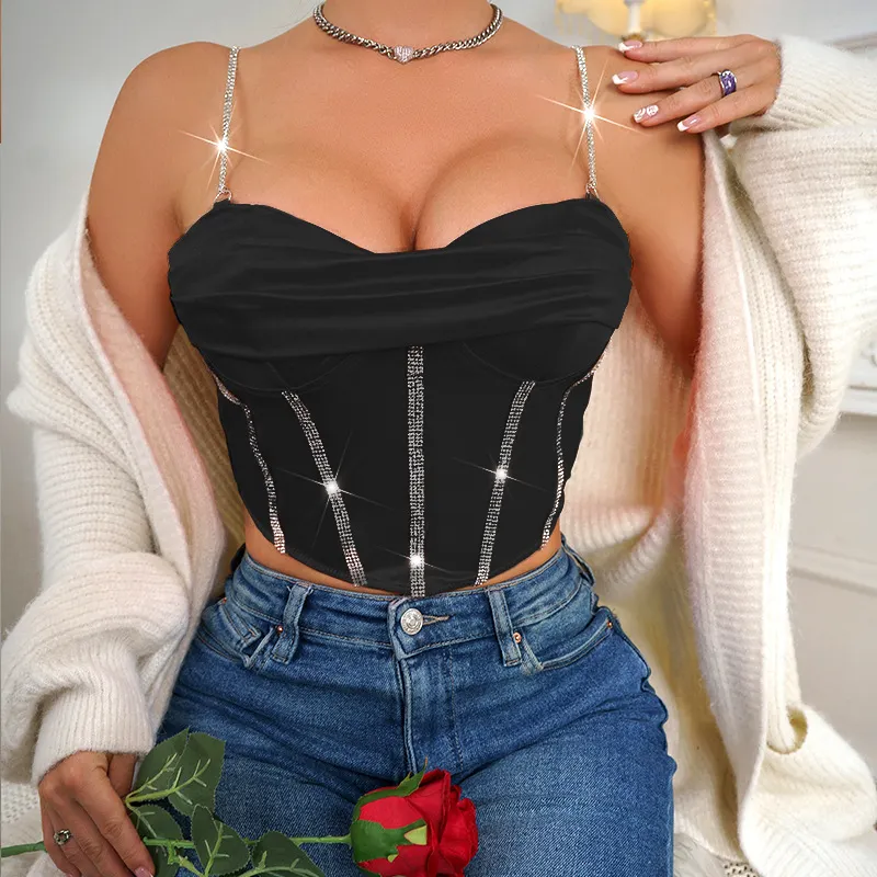 Churchf Churchf Niche Pleated Sexy Low Collar Diamond Waist Show Thin Bra Hot Girl Short Jacket Vest Woman
