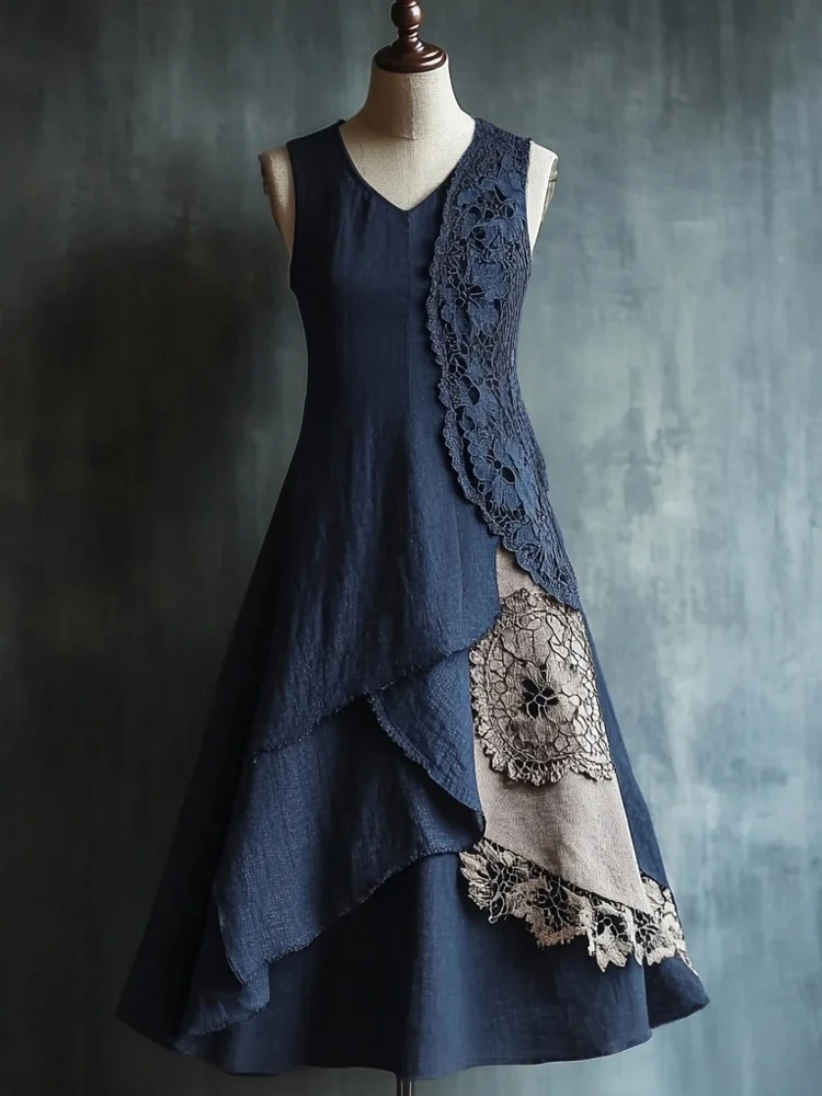 Elegant Lace Patchwork V Neck Linen Maxi Dress