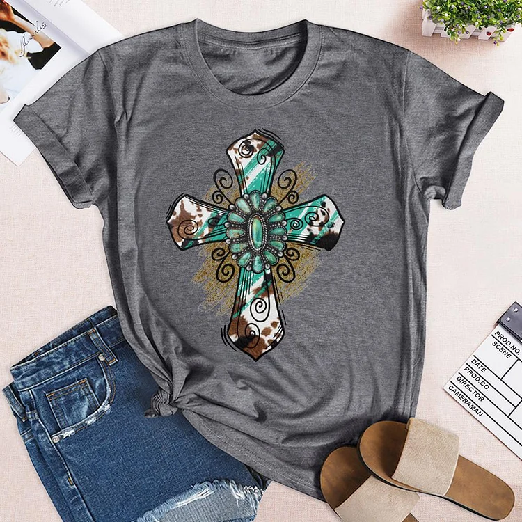 PSL - Turquoise cross and flowers T-shirt Tee-05880