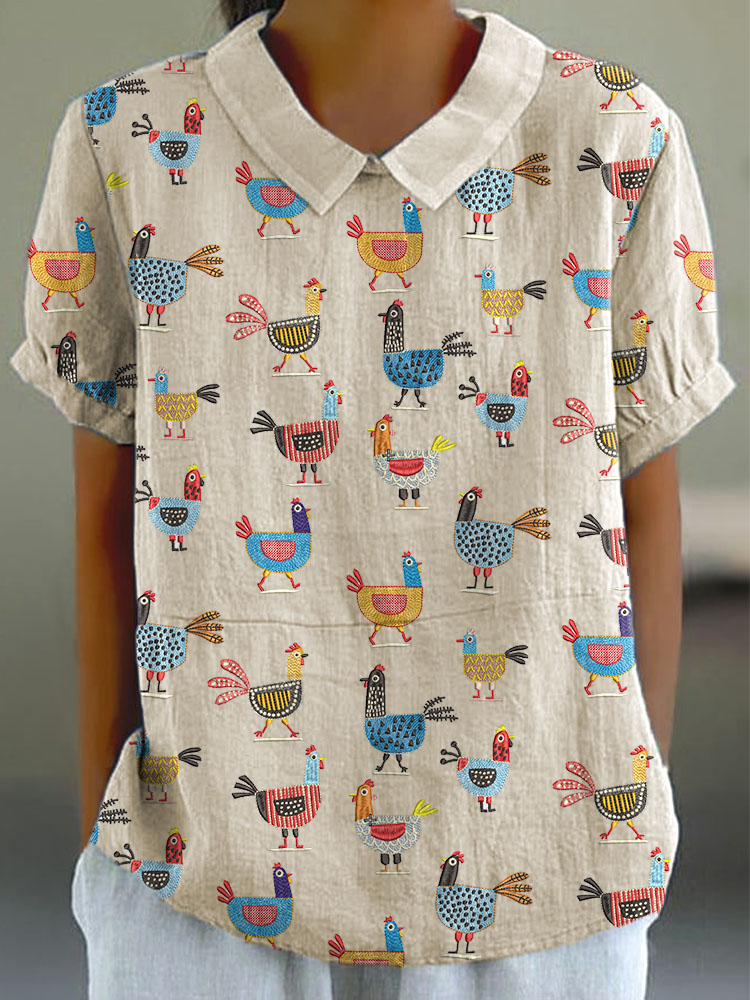 Comstylish Funny Farm Chicken Embroidery Pattern Linen Blend Shirt