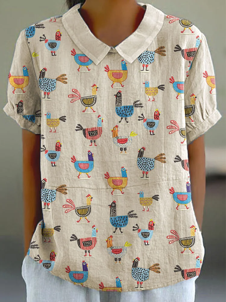 Funny Farm Chicken Embroidery Pattern Linen Blend Shirt