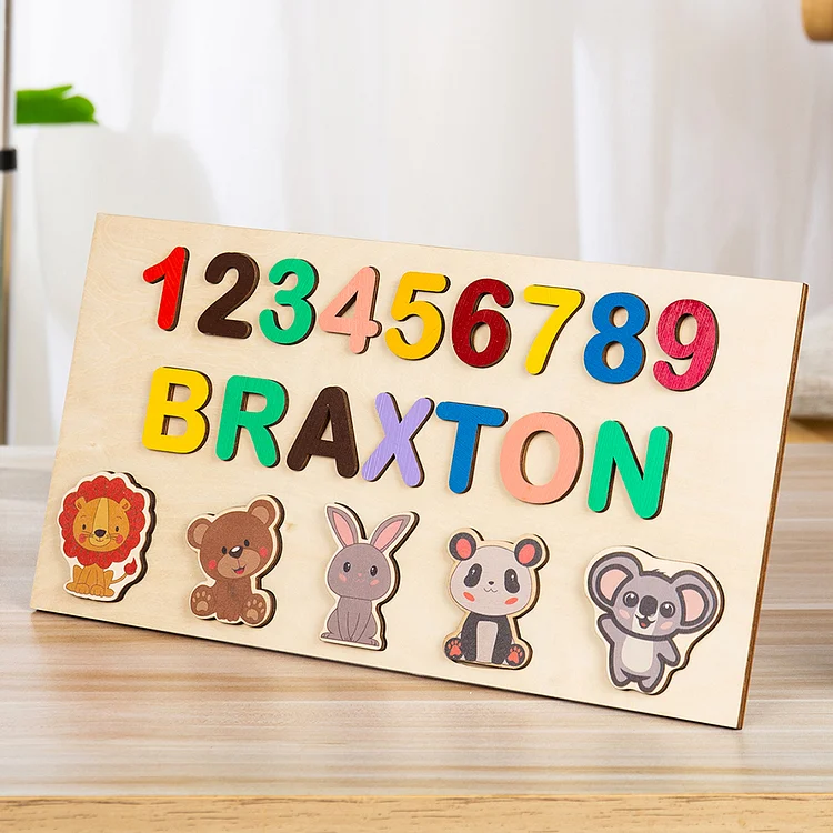 Personalized Wooden Name Puzzle, Custom Animals Wood Puzzle with Kids Name-Wooden Pegged Puzzles Educational Toy Gift for Toddlers/ Preschool Children Alphabet Early Learning