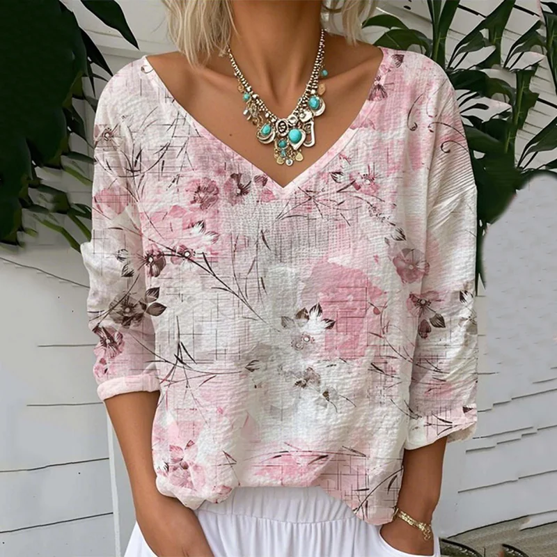 Floral Print V-neck Linen Blend T-shirt