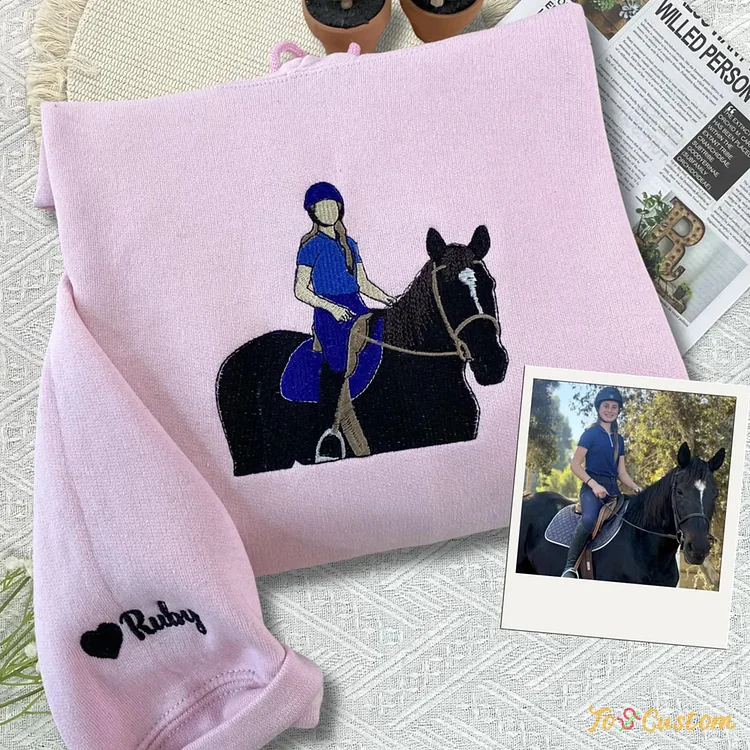 TOSCUSTOM™ Custom Embroidered Rider and Horse Hooded Sweatshirts Personalized Gift 